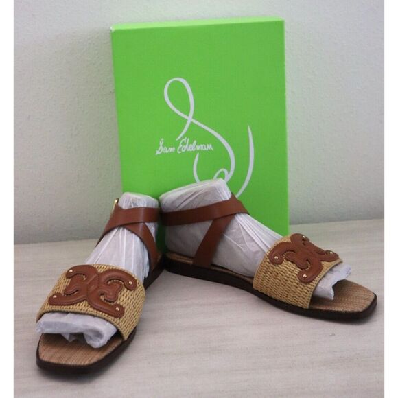 Sam Edelman Women's Sz 8.5M Brown Raffia Leather Ilsie Strappy Flat Sandals - Picture 1 of 10